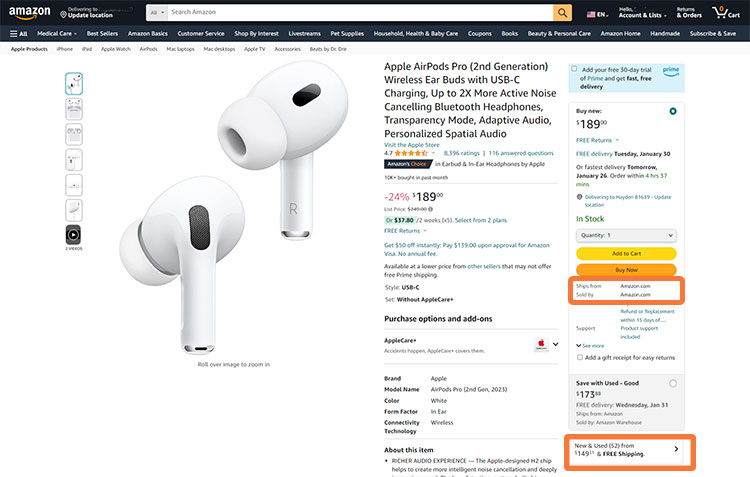 On this example product, 52 different sellers have "offers" to sell Apple Air Pods Pro. Amazon.com (Vendor Central) is currently winning the buy box for this item, and any customers who use the "Add to Cart" or "Buy Now" buttons will be purchasing from Amazon.com rather than the other 51 sellers.